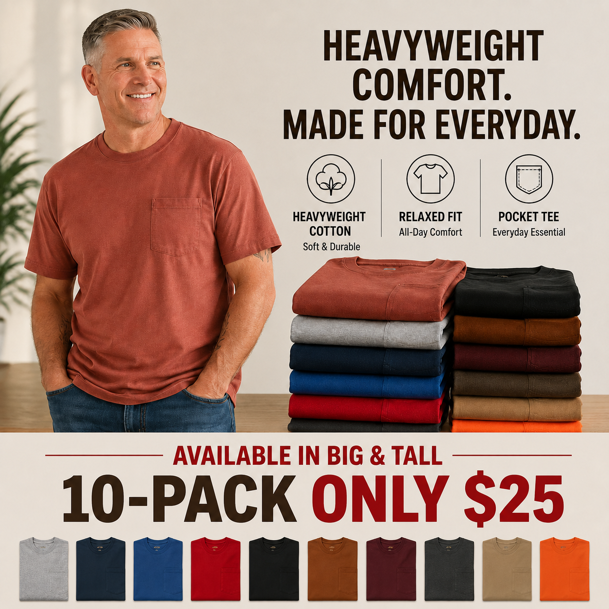 🔥Men's Heavyweight Cotton Pocket T-Shirt – Relaxed Fit Everyday Casual Tee