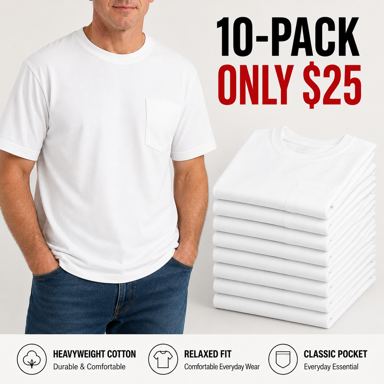 🔥Men's Heavyweight Cotton Pocket T-Shirt – Relaxed Fit Everyday Casual Tee